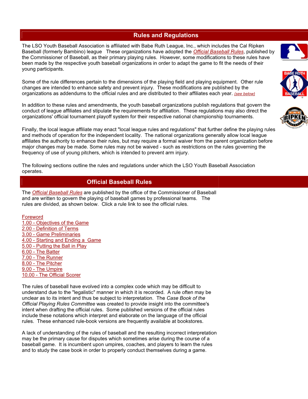 Rules and Regulations Official Baseball Rules