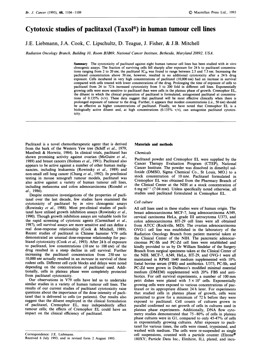 Taxol®) in Human Tumour Cell Lines