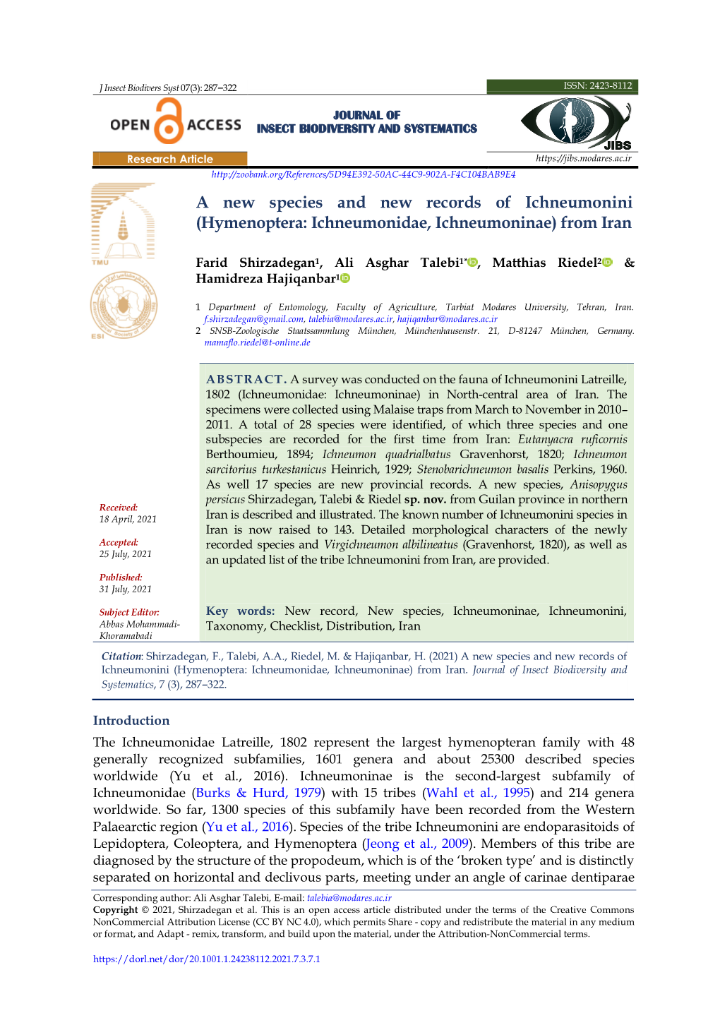 Hymenoptera: Ichneumonidae, Ichneumoninae) from Iran