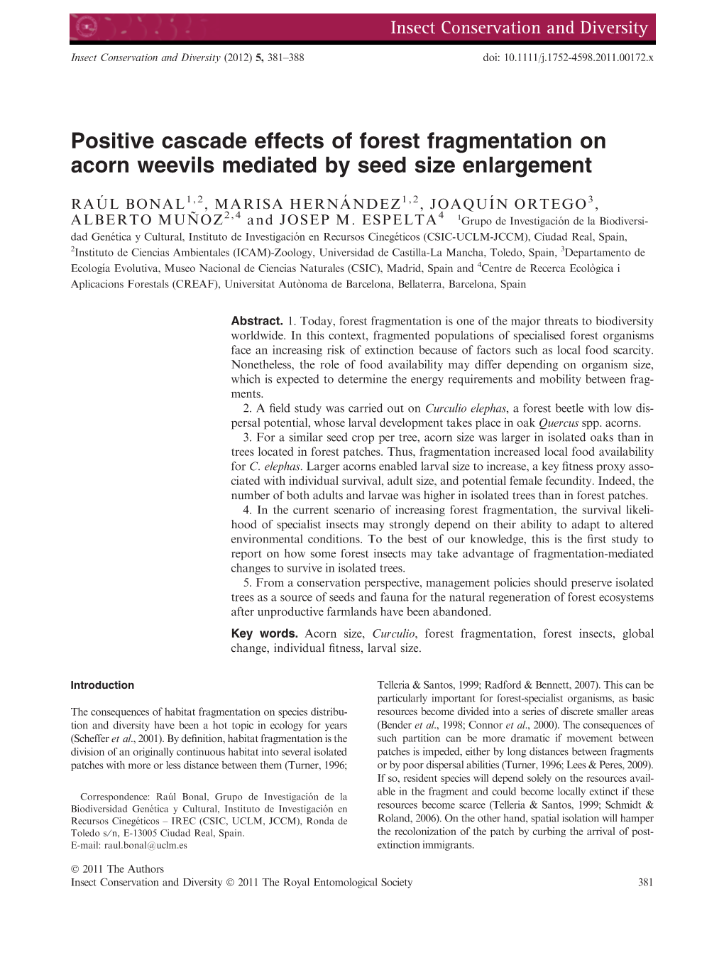 Positive Cascade Effects of Forest Fragmentation on Acorn Weevils Mediated by Seed Size Enlargement