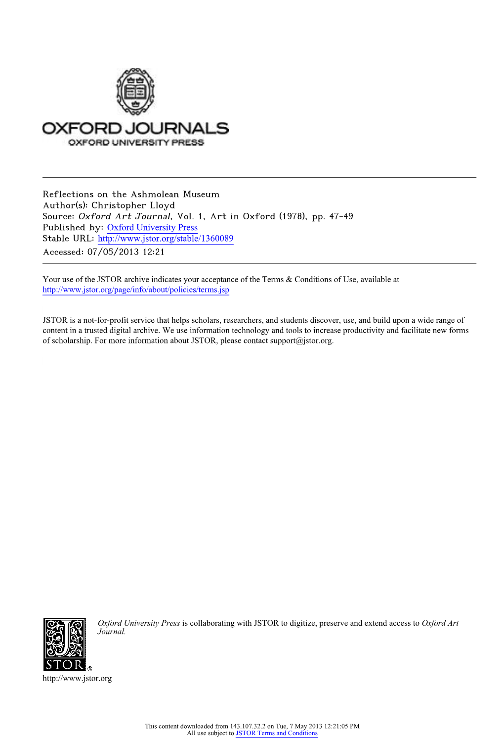 Reflections on the Ashmolean Museum Author(S): Christopher Lloyd Source: Oxford Art Journal, Vol