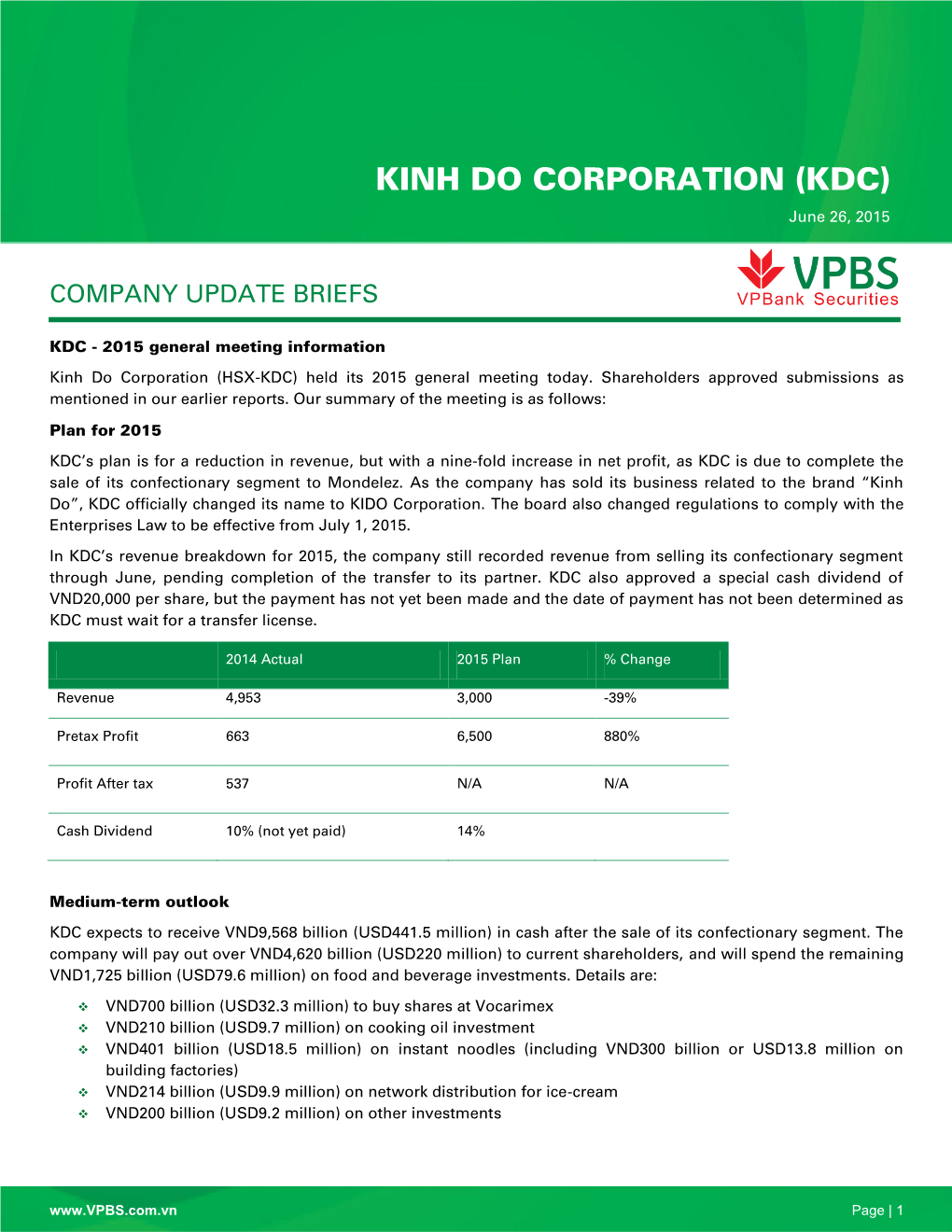 KINH DO CORPORATION (KDC) June 26, 2015