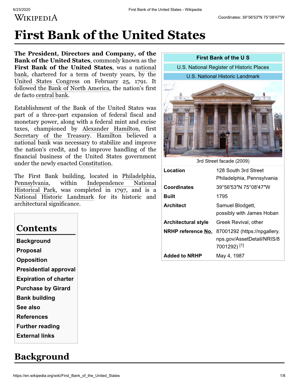 First Bank of the United States - Wikipedia Coordinates: 39°56′53″N 75°08′47″W First Bank of the United States