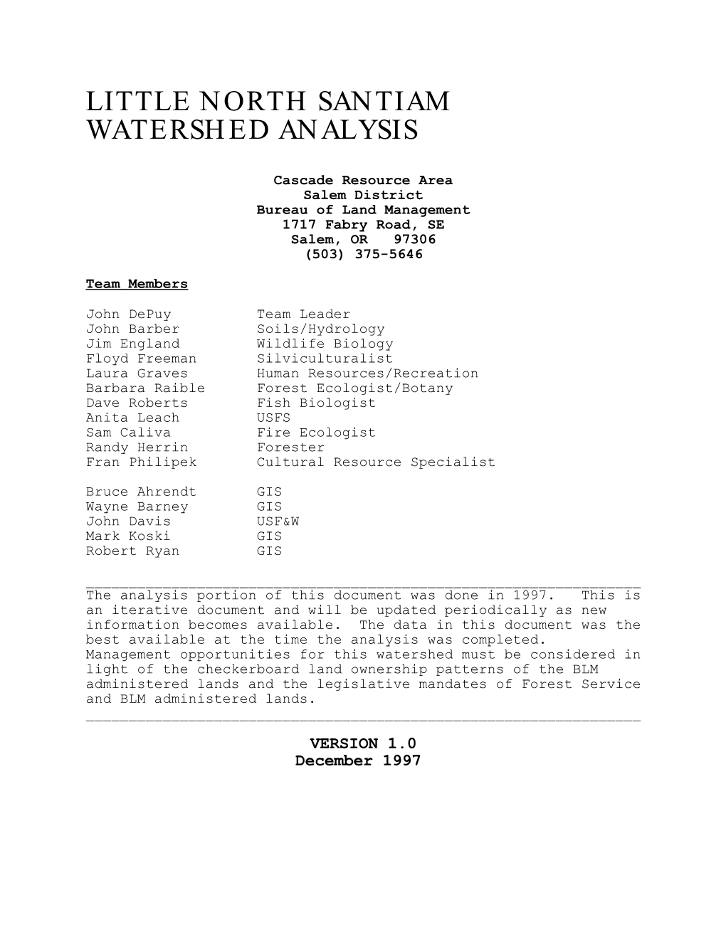 Little North Santiam Watershed Analysis