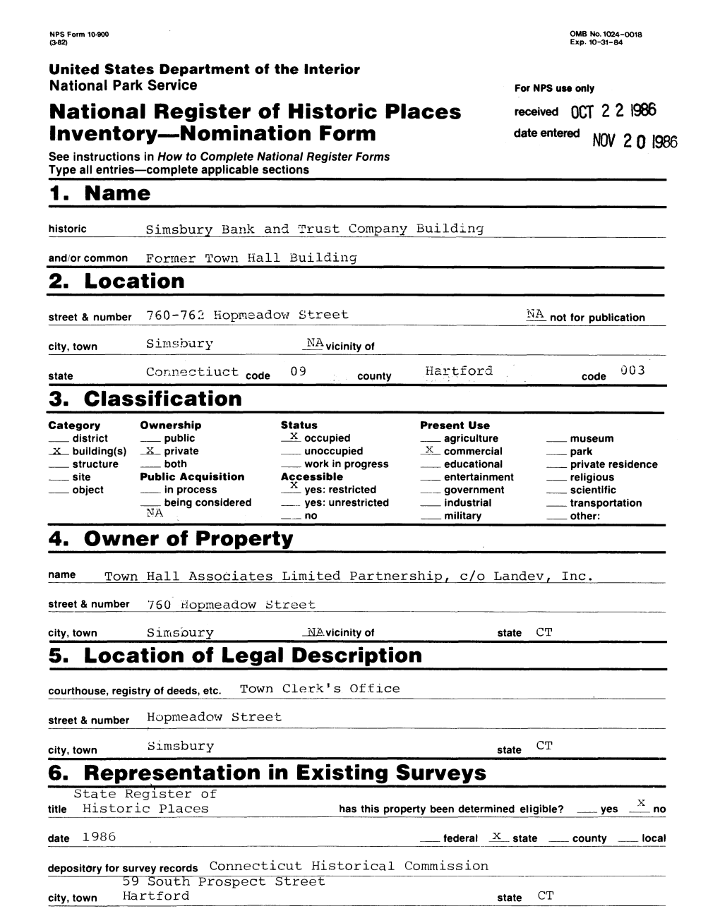 National Register of Historic Places Inventory Nomination Form Date Entered ^201986 1. Name 2. Location 3. Classification 4