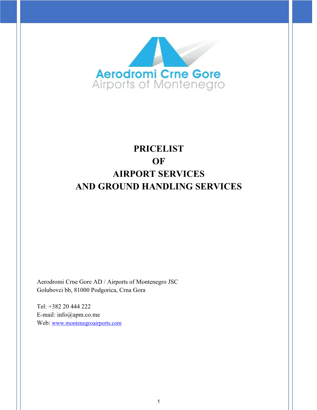 Pricelist of Airport Services and Ground Handling Services