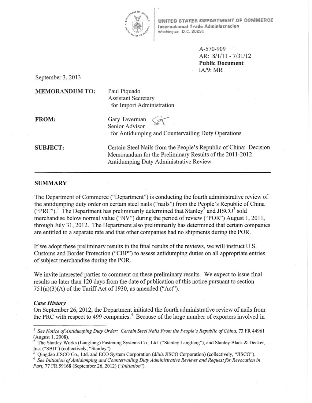 Certain Steel Nails from the People's Republic of China: Decision Memorandum for the Preliminary Results of the 2011-2012