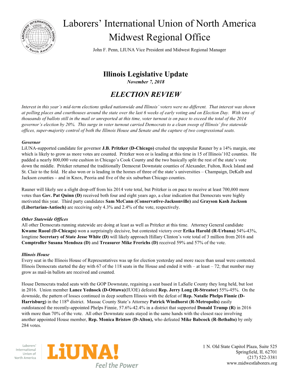 Illinois Legislative Update November 7, 2018