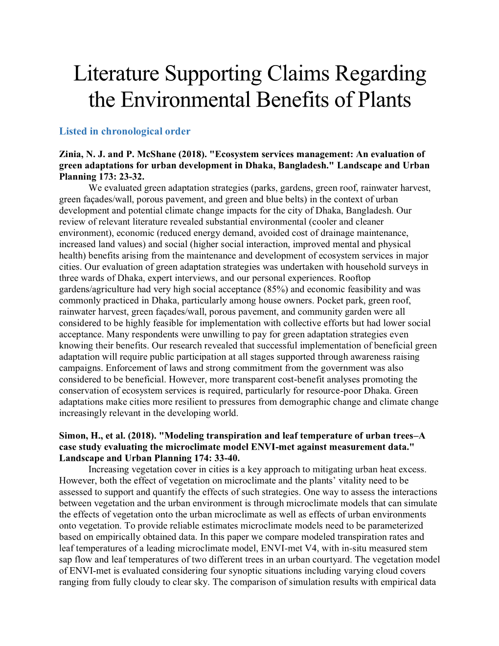 Literature Supporting Claims Regarding the Environmental Benefits of Plants