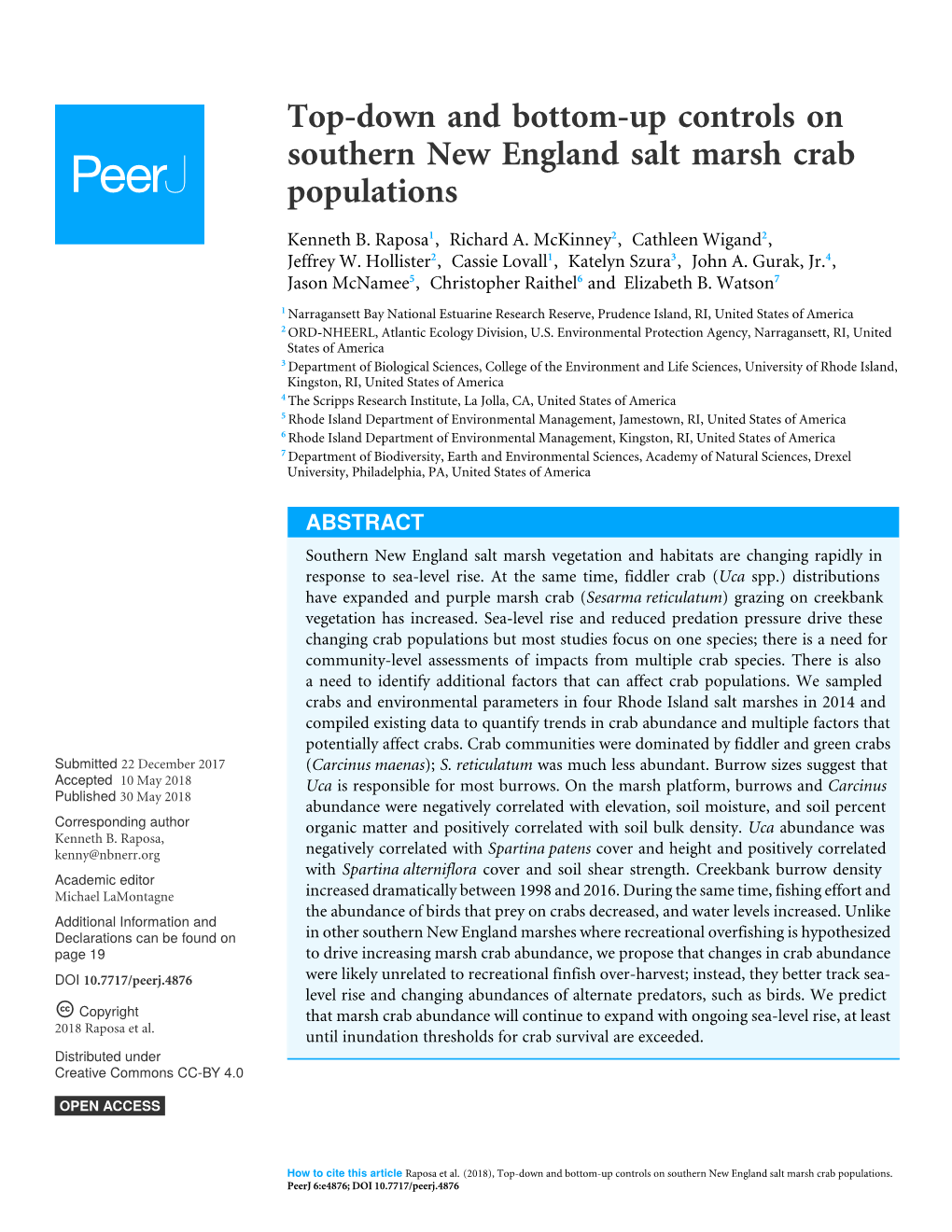 Top-Down and Bottom-Up Controls on Southern New England Salt Marsh Crab Populations