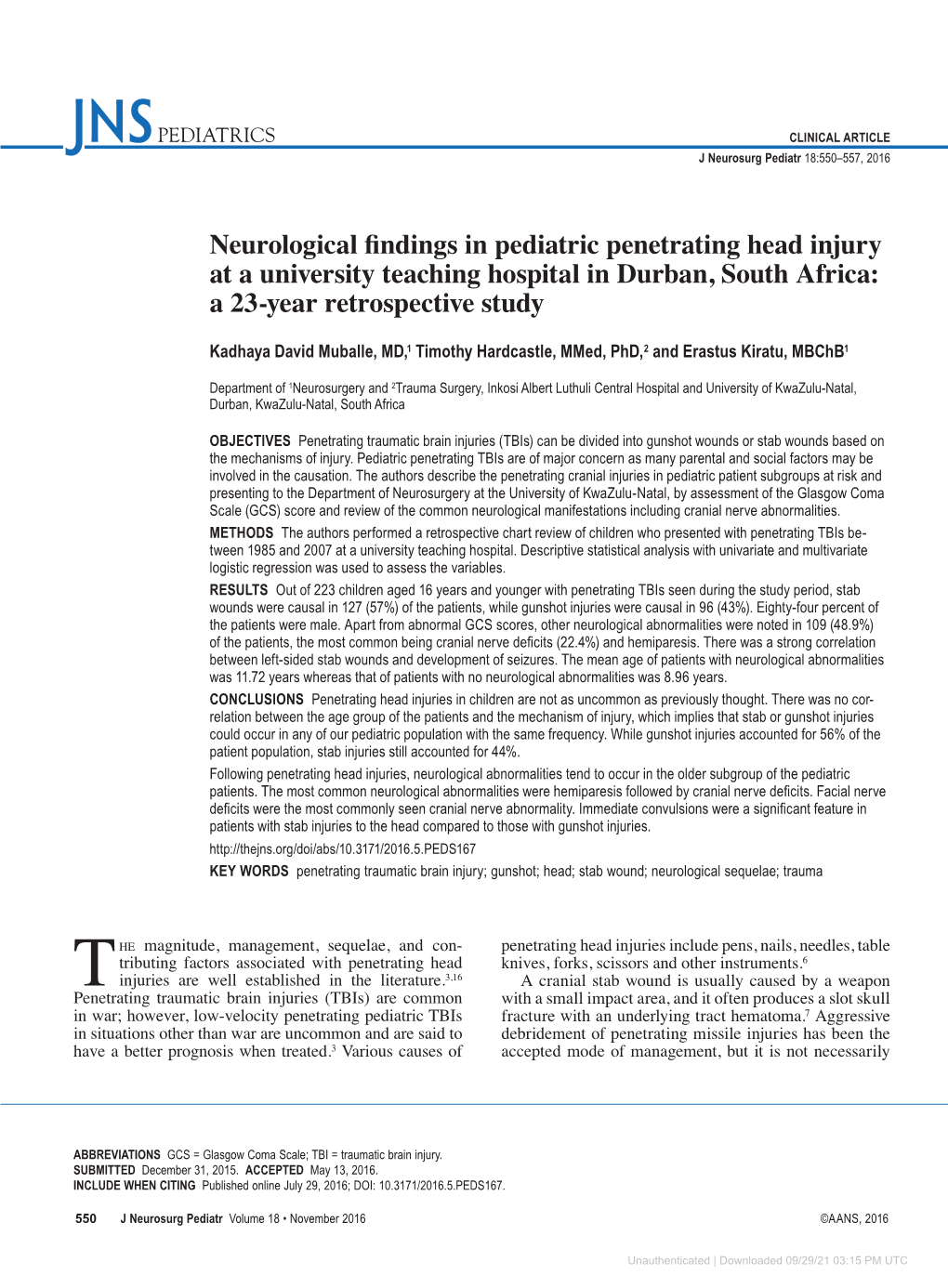 Neurological Findings in Pediatric Penetrating Head Injury at a University Teaching Hospital in Durban, South Africa: a 23-Year Retrospective Study