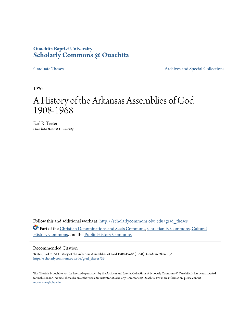 A History of the Arkansas Assemblies of God 1908-1968 Earl R