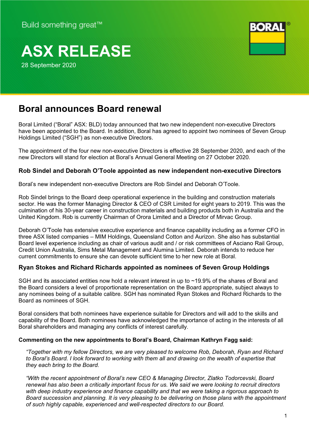 Boral Announces Board Renewal