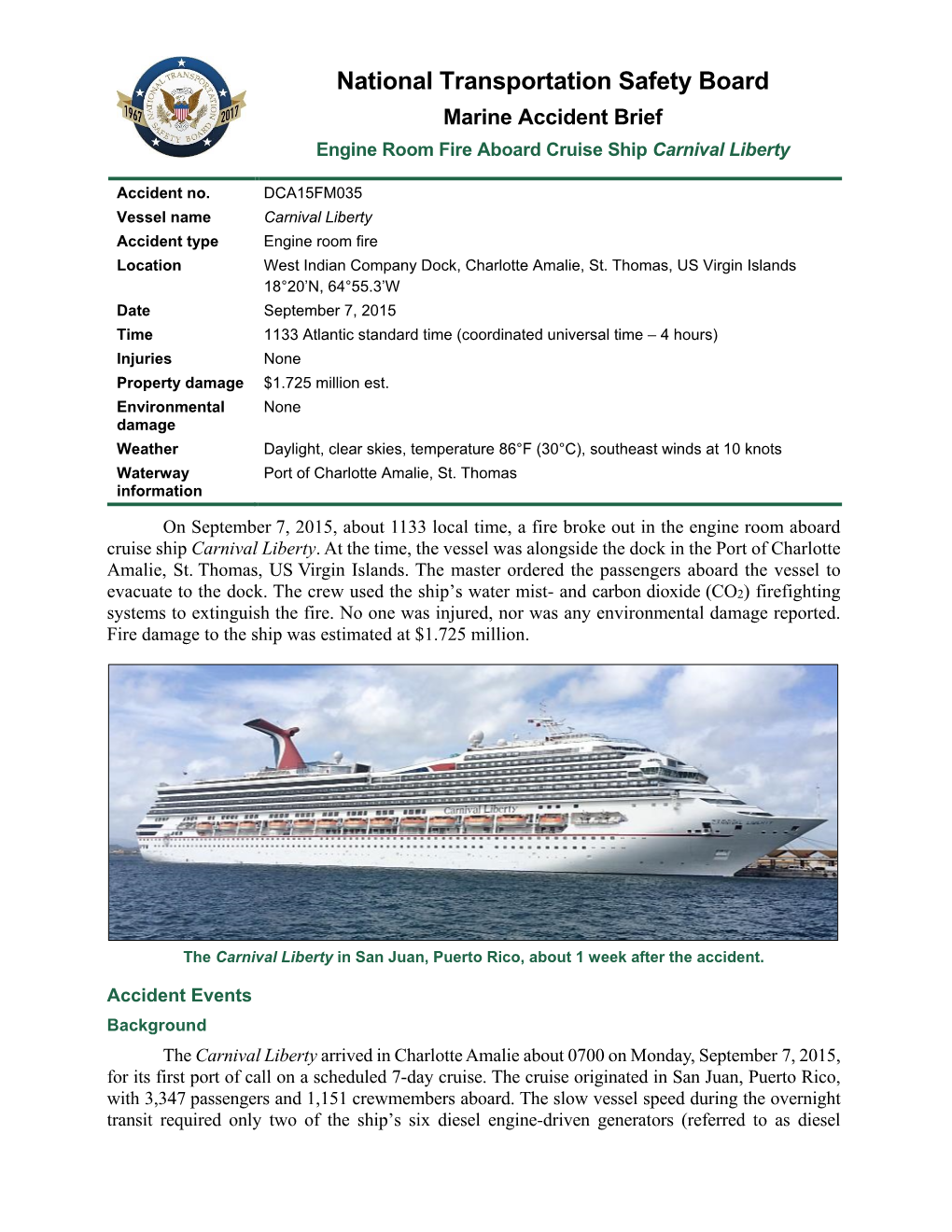 National Transportation Safety Board Marine Accident Brief Engine Room Fire Aboard Cruise Ship Carnival Liberty