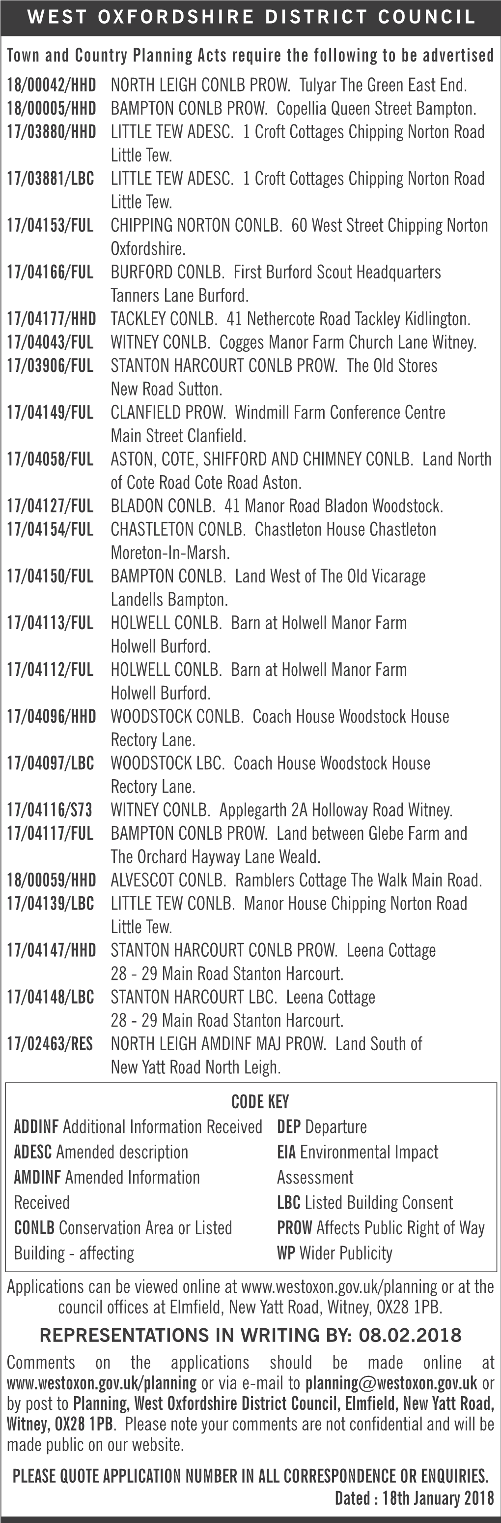 Town and Country Planning Acts Require the Following to Be Advertised 18/00042/HHD NORTH LEIGH CONLB PROW