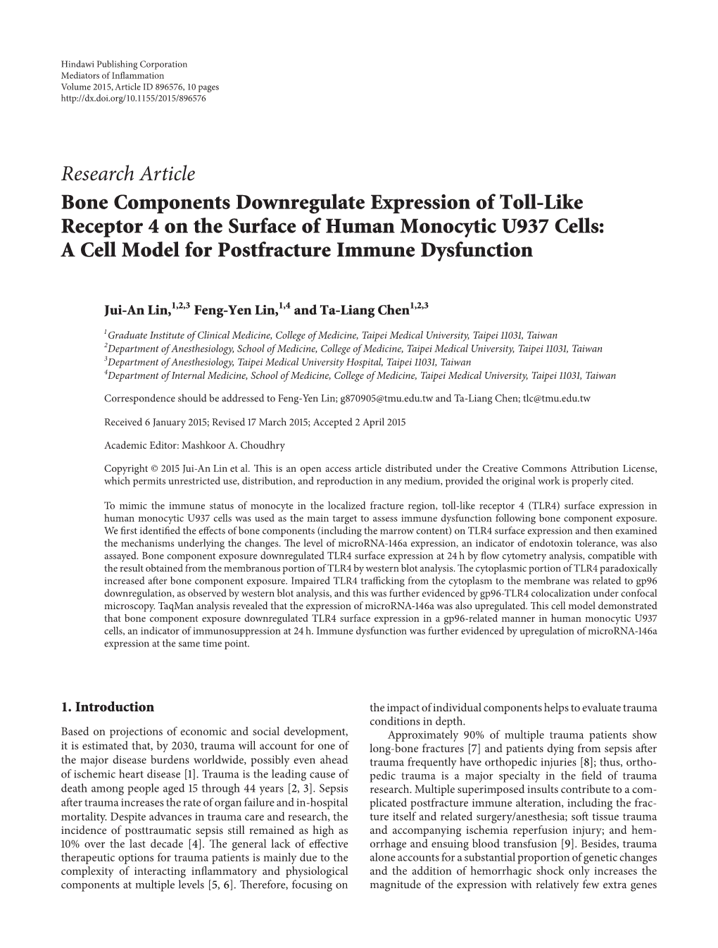 Bone Components Downregulate Expression of Toll-Like Receptor 4 on the Surface of Human Monocytic U937 Cells: a Cell Model for Postfracture Immune Dysfunction