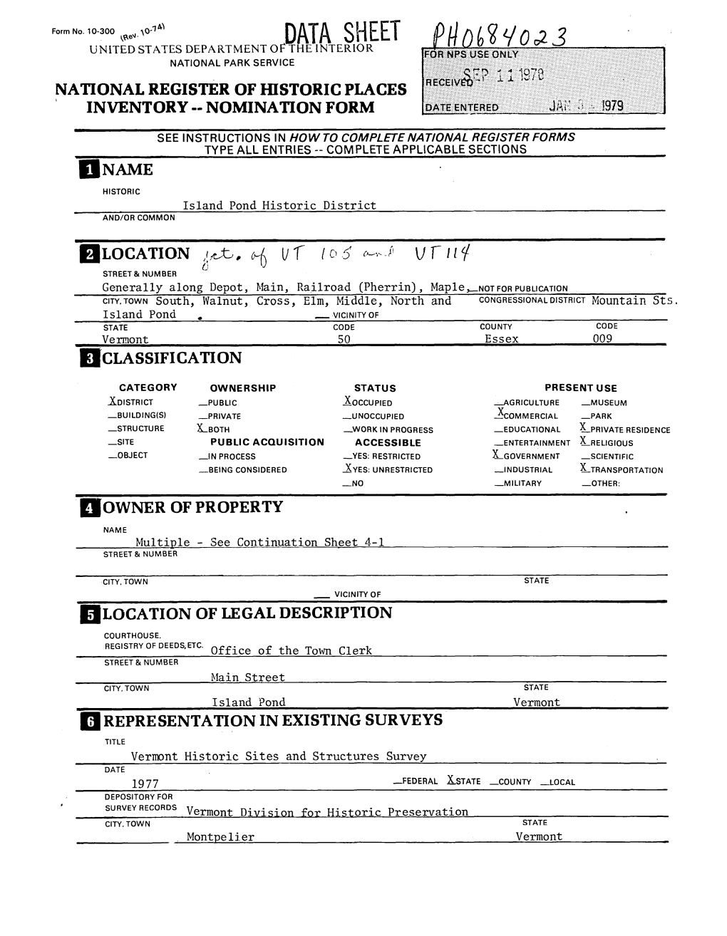 DATA SHEET UNITED STATES DEPARTMENT of the INTERIOR NATIONAL PARK SERVICE NATIONAL REGISTER of HISTORIC PLACES INVENTORY -- NOMINATION FORM