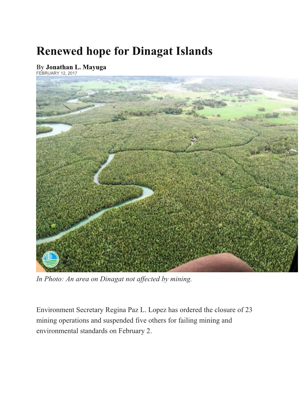 Renewed Hope for Dinagat Islands by Jonathan L