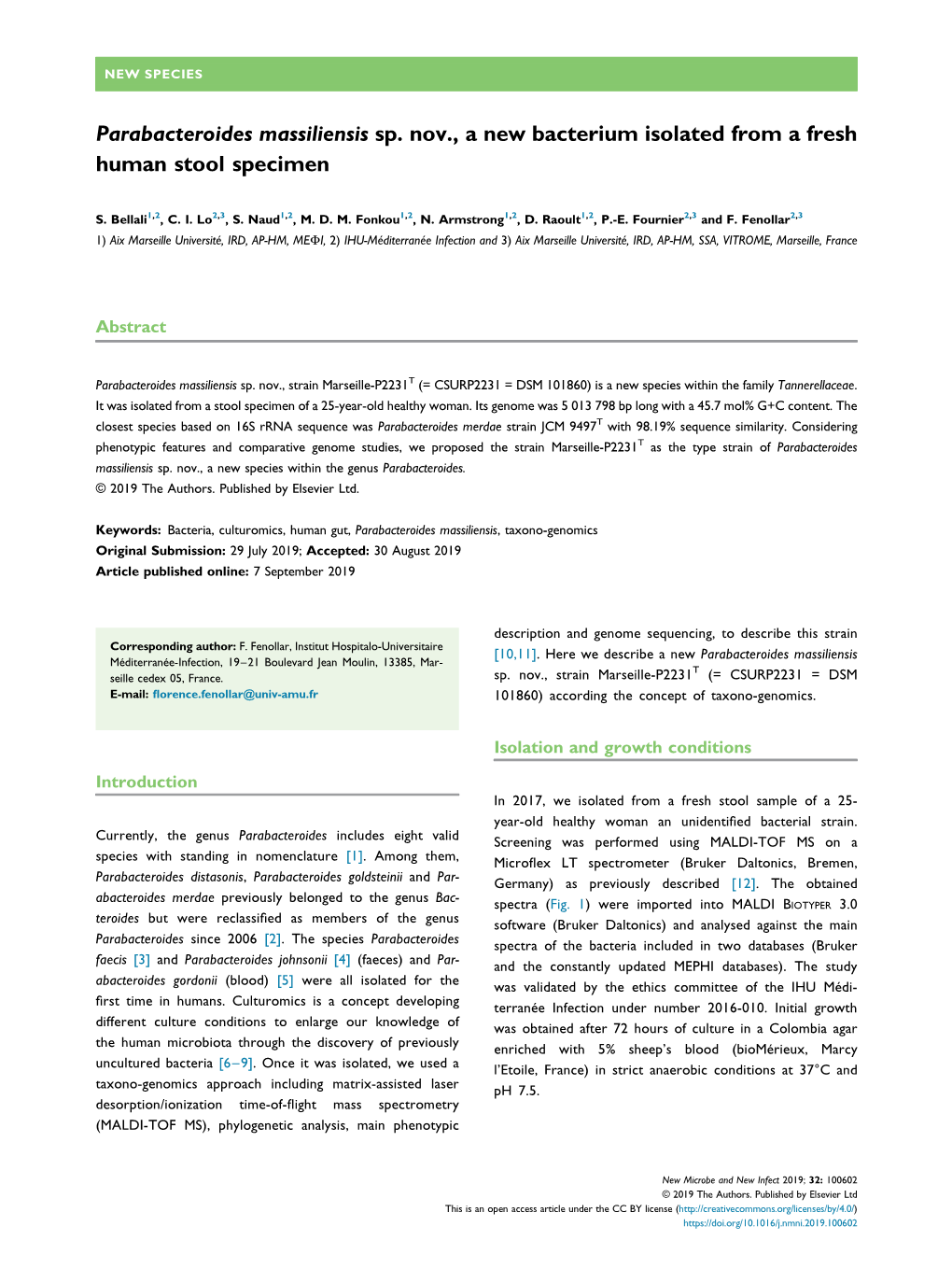 Parabacteroides Massiliensis Sp. Nov., a New Bacterium Isolated from a Fresh Human Stool Specimen