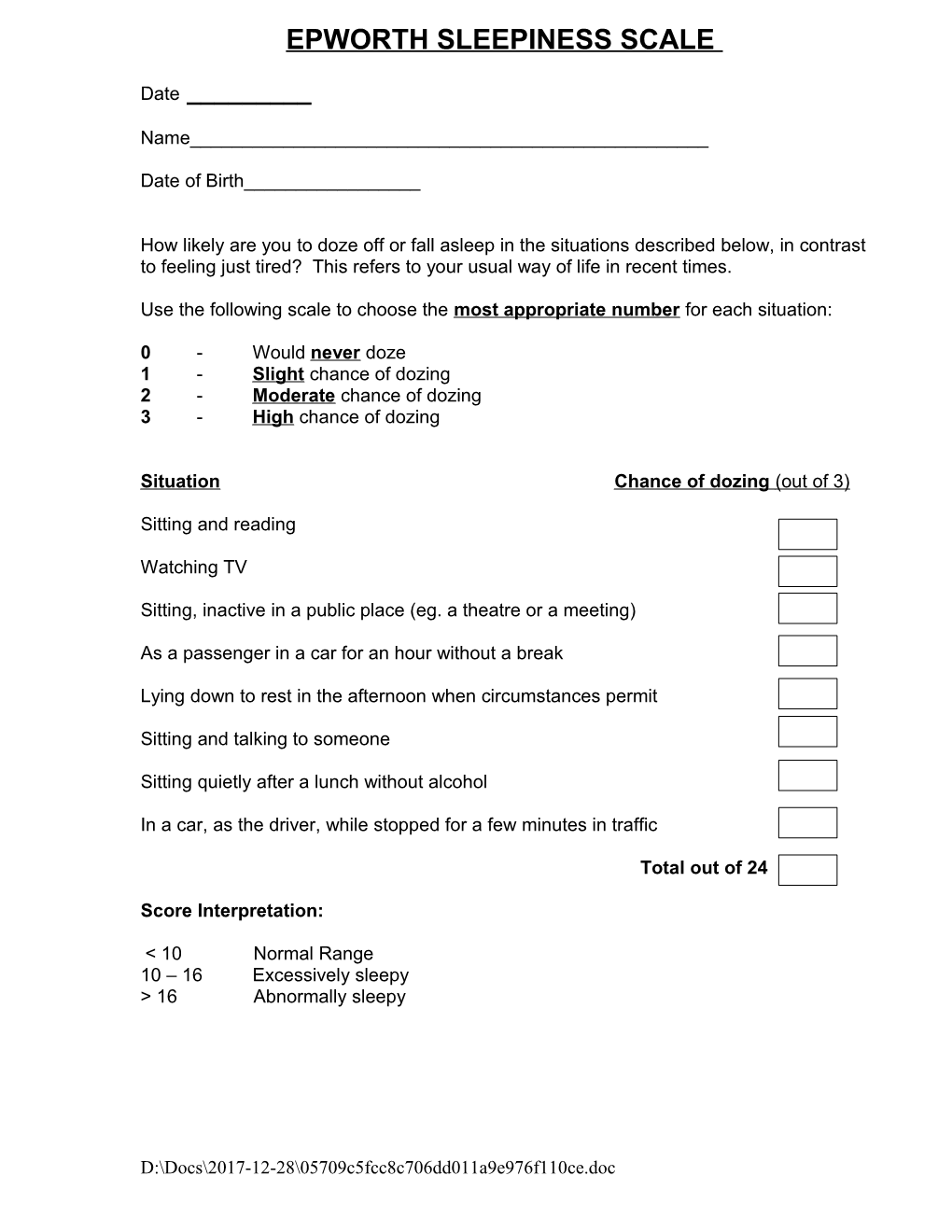 Epworth Sleepiness Scale s2