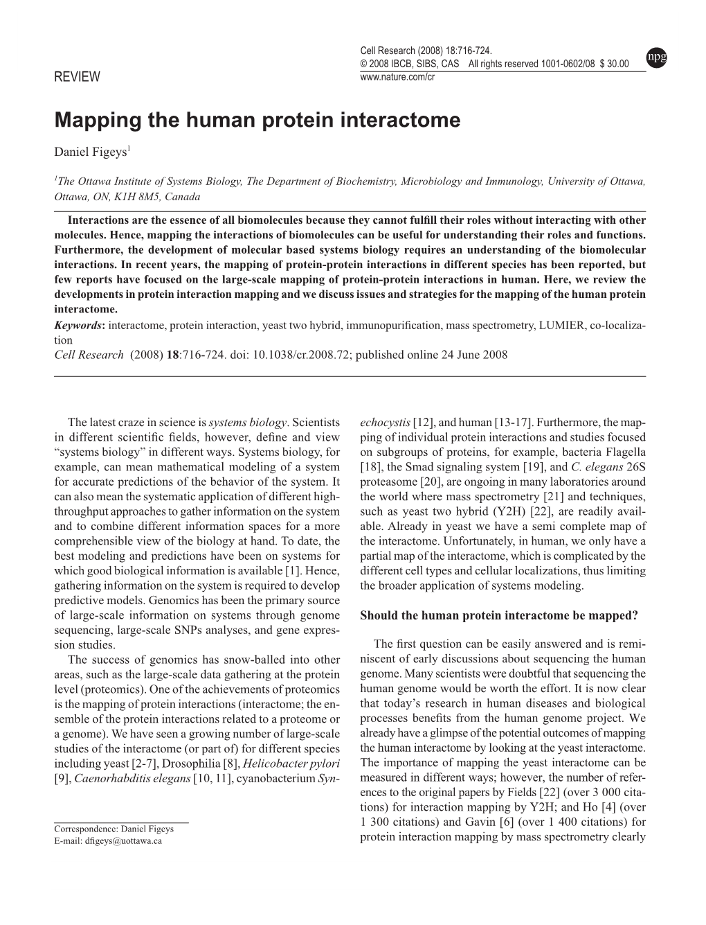 Mapping the Human Protein Interactome 716 Cell Research (2008) 18:716-724