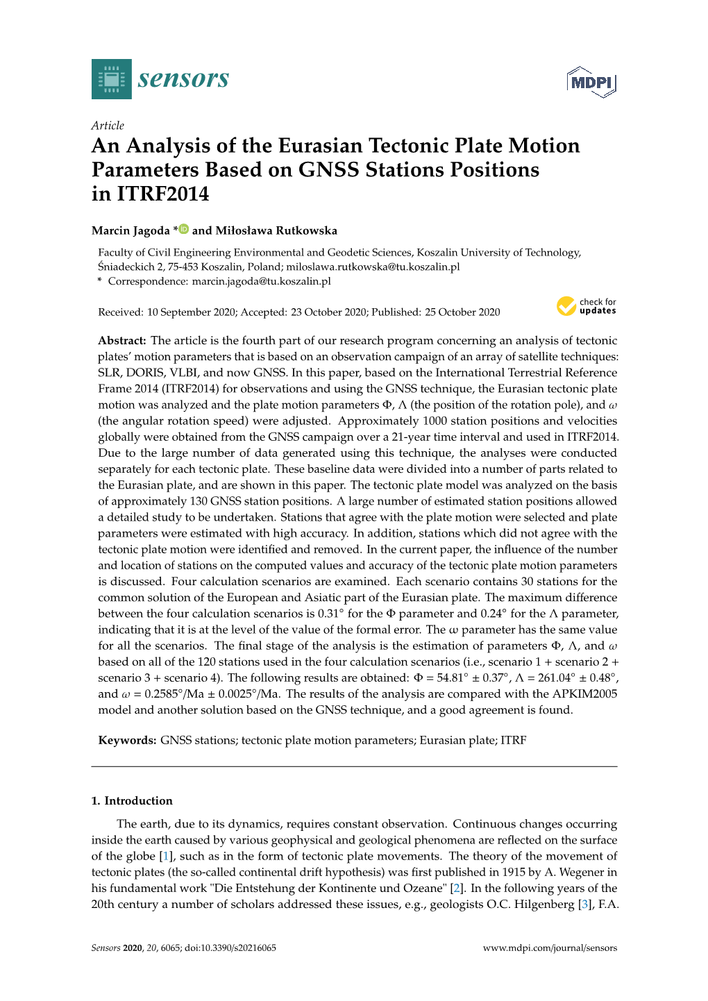 An Analysis of the Eurasian Tectonic Plate Motion Parameters Based on GNSS Stations Positions in ITRF2014