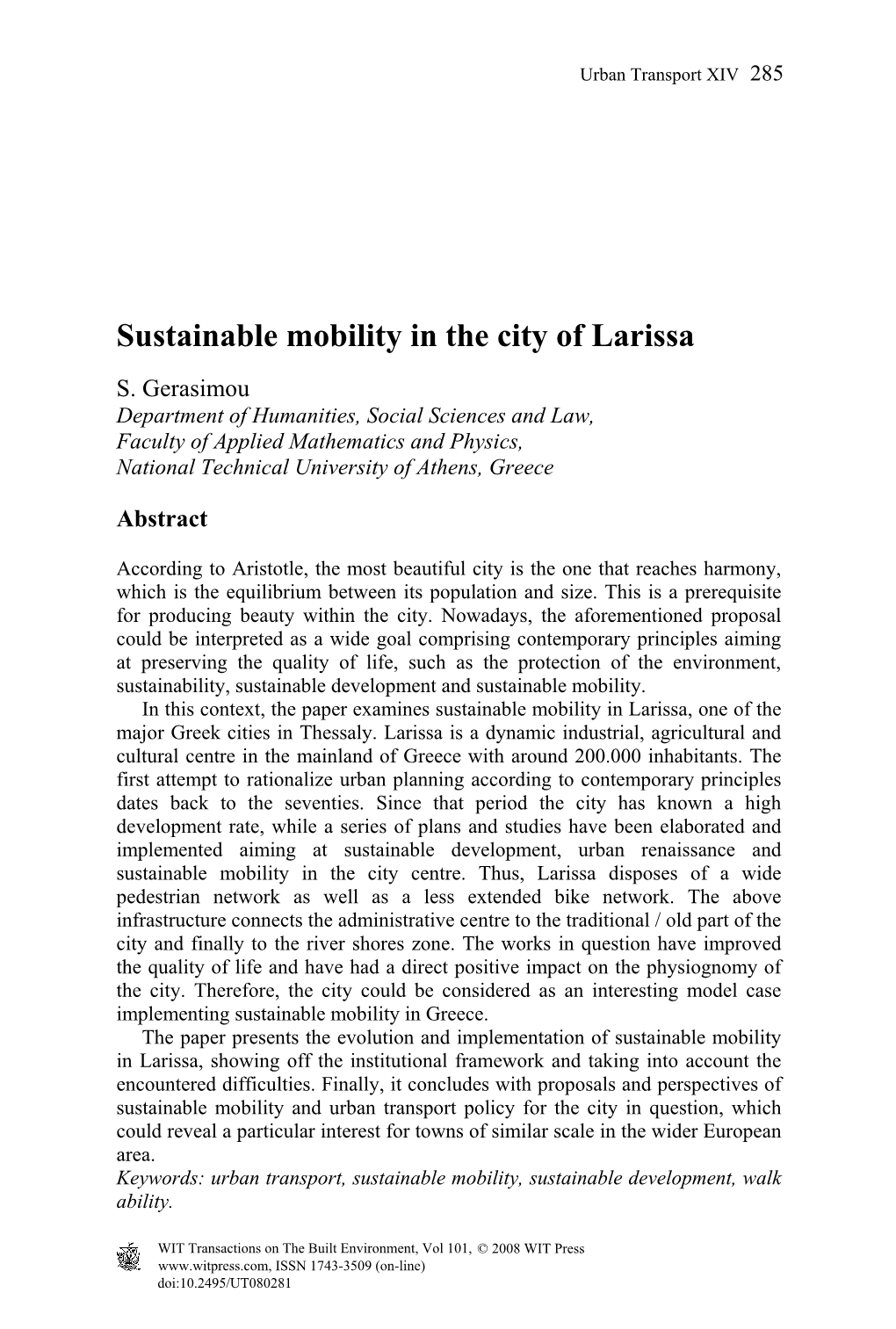 Sustainable Mobility in the City of Larissa S