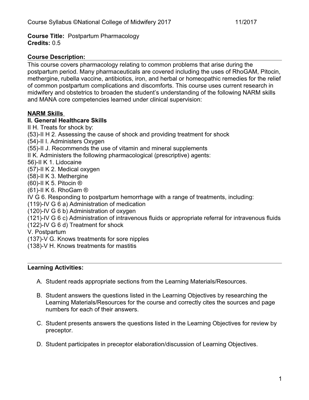 Course Syllabus National College of Midwifery 2017 11/2017