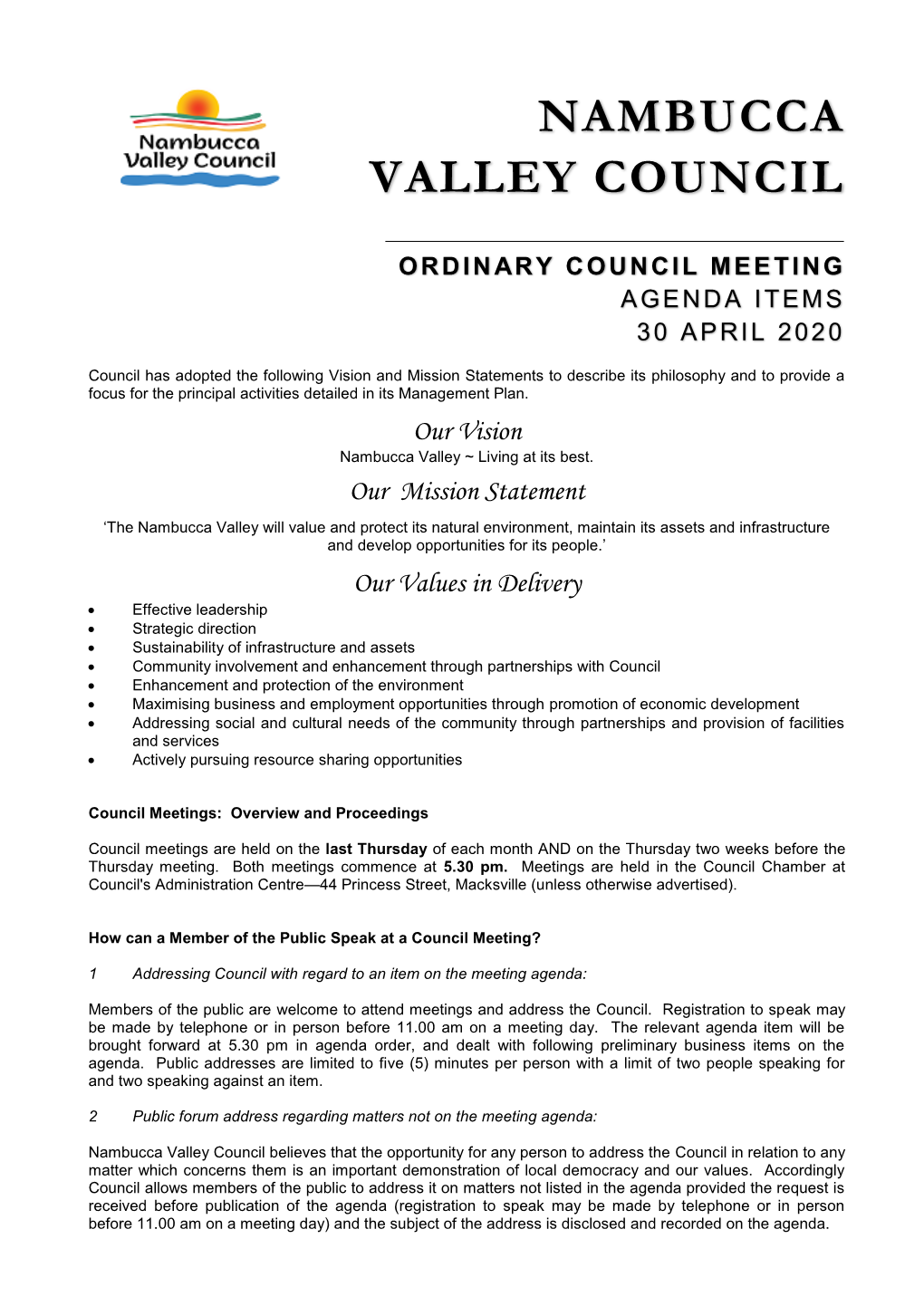 Agenda of Ordinary Council Meeting