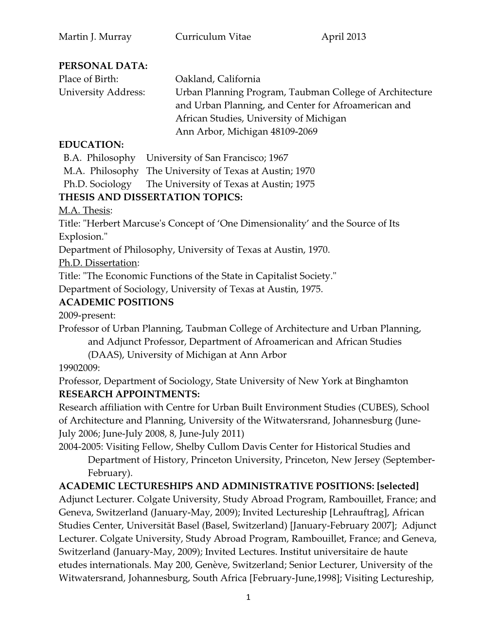 Martin J. Murray Curriculum Vitae April 2013