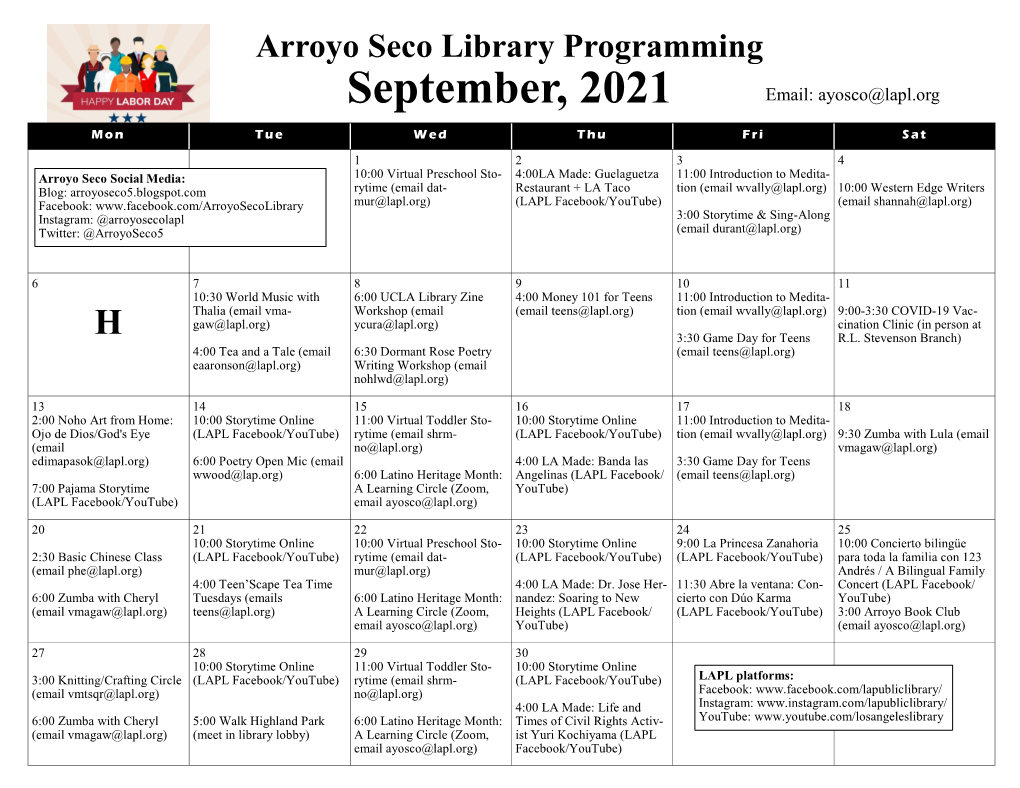 September, 2021 Email: Ayosco@Lapl.Org