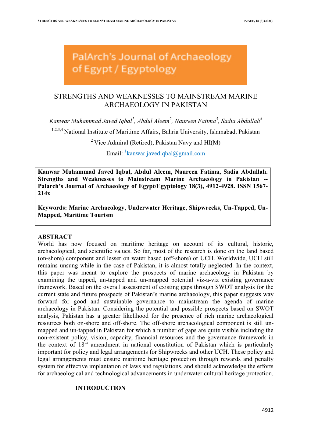 Strengths and Weaknesses to Mainstream Marine Archaeology in Pakistan Pjaee, 18 (3) (2021)