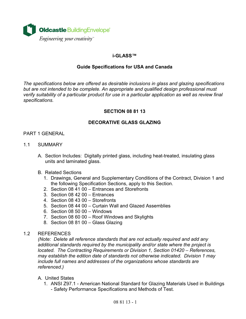 I-GLASS Guide Specifications for USA and Canada