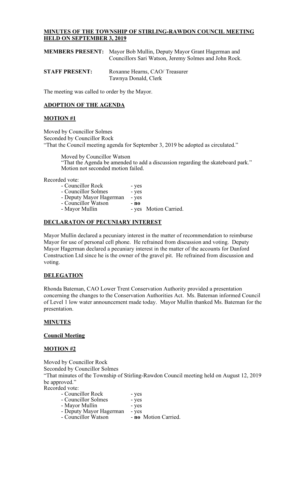 Minutes of the Township of Stirling-Rawdon Council Meeting Held on September 3, 2019