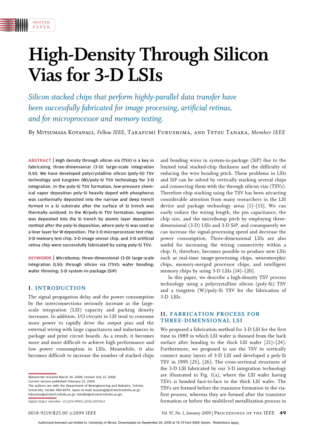 High-Density Through Silicon Vias for 3-D Lsis