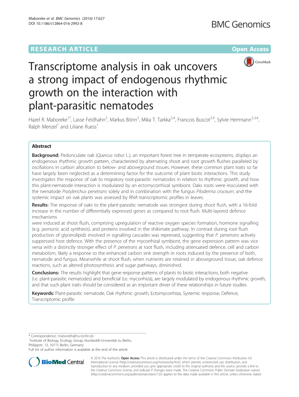 Transcriptome Analysis in Oak Uncovers a Strong Impact of Endogenous Rhythmic Growth on the Interaction with Plant-Parasitic Nematodes Hazel R