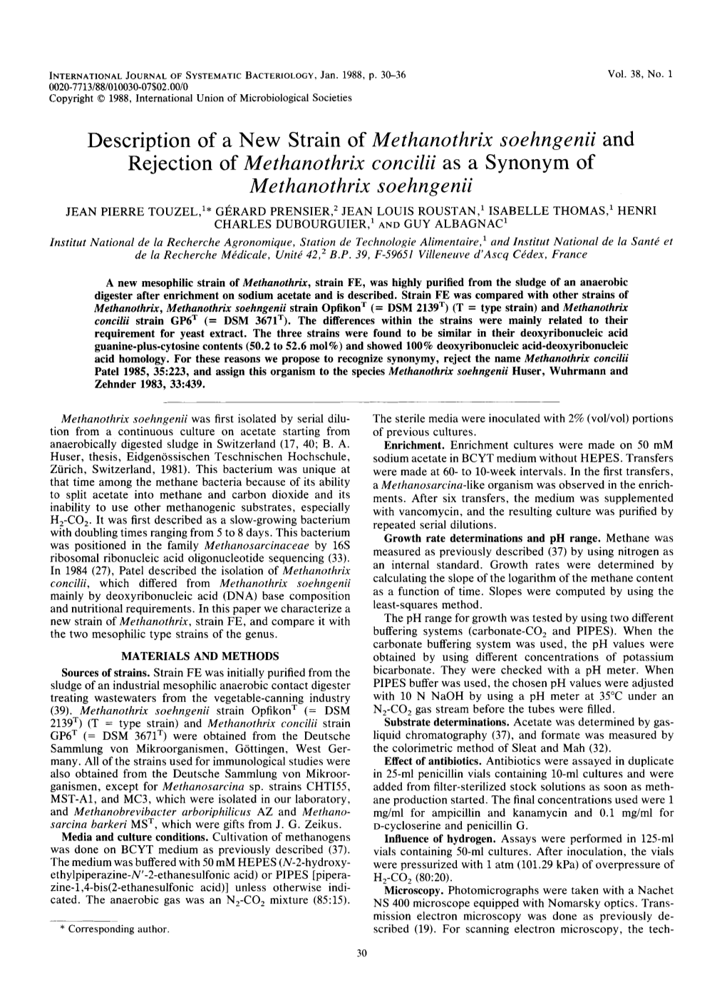 Methanothrix Soehngenii and Rejection of Methanothrix Concilii As a Synonym of Methanothrix Soehngenii