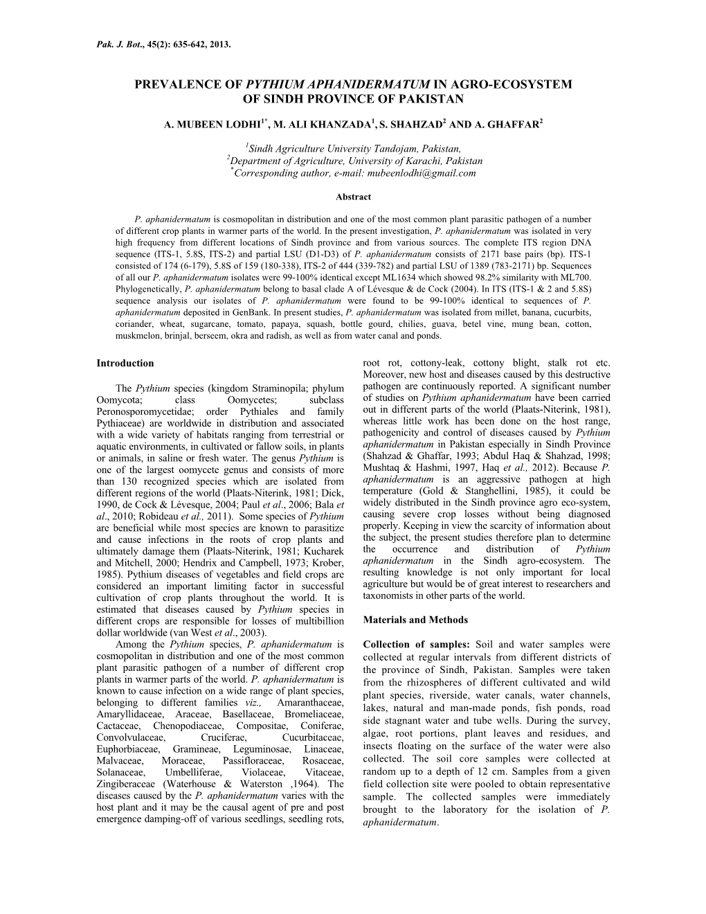 Prevalence of Pythium Aphanidermatum in Agro-Ecosystem of Sindh Province of Pakistan