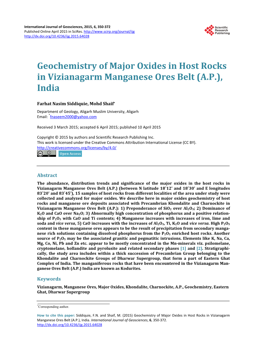 Geochemistry of Major Oxides in Host Rocks in Vizianagarm Manganese Ores Belt (A.P.), India