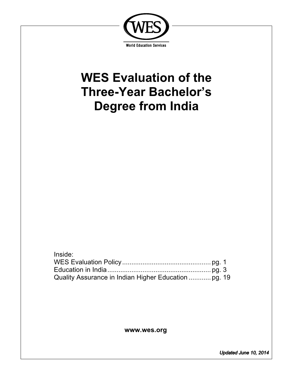 WES Evaluation of the Three-Year Bachelor's Degree from India