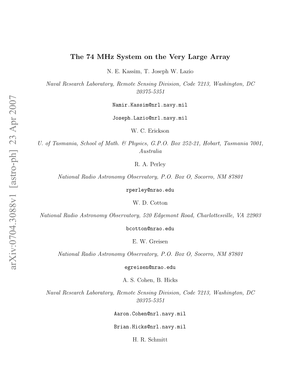 The 74Mhz System on the Very Large Array