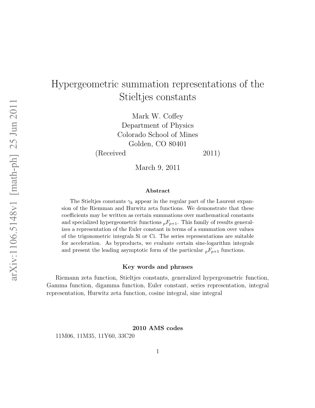 Hypergeometric Summation Representations of the Stieltjes