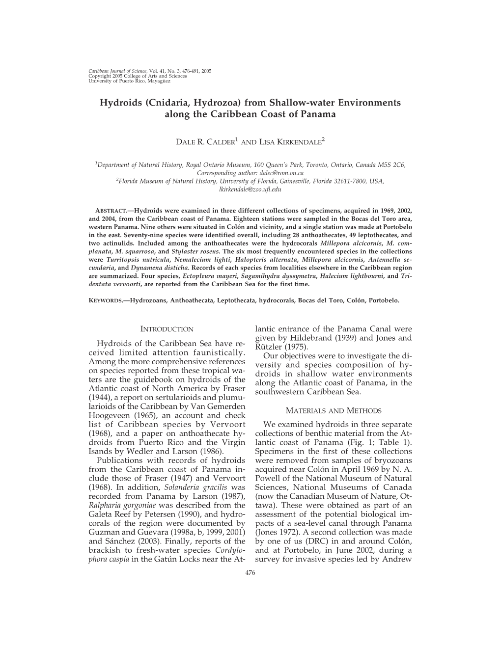 Hydroids (Cnidaria, Hydrozoa) from Shallow-Water Environments Along the Caribbean Coast of Panama