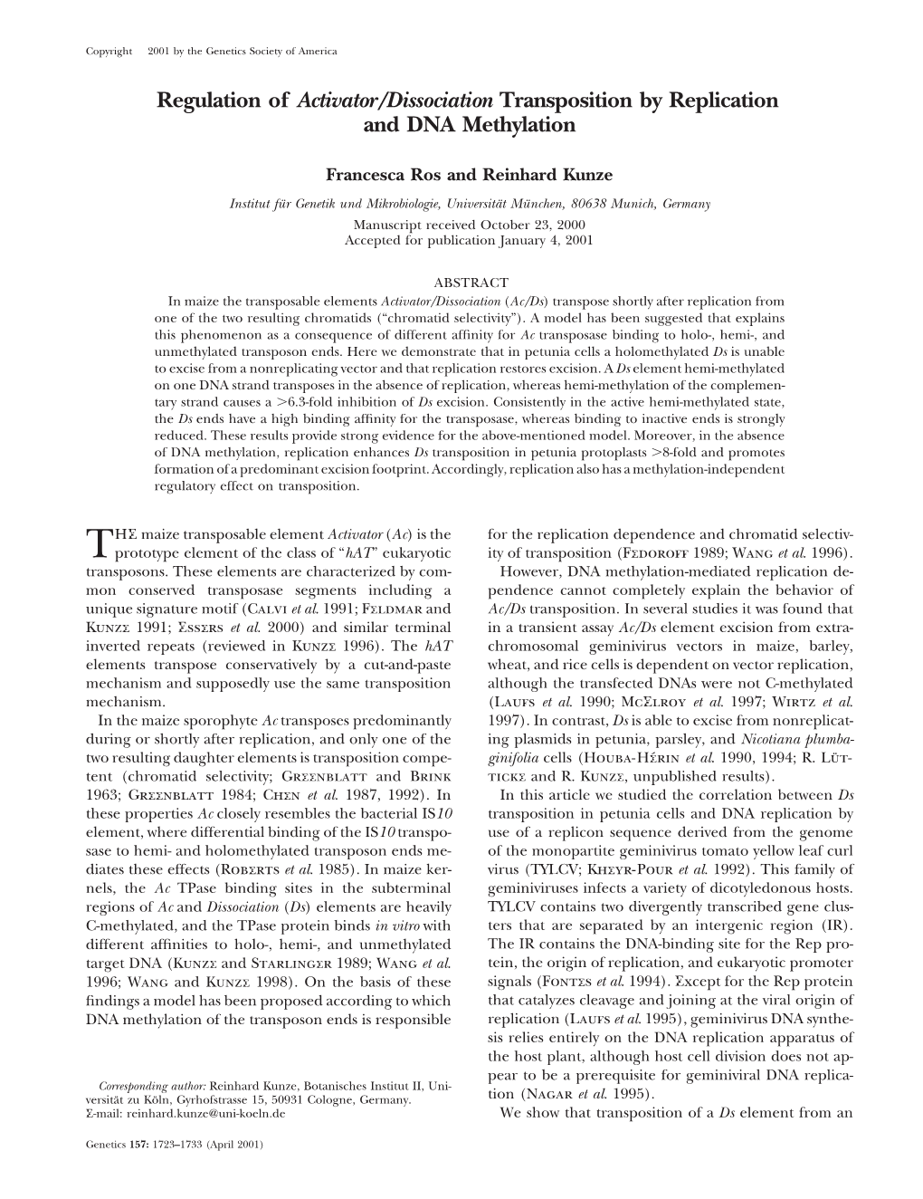 Regulation of Activator/Dissociation Transposition by Replication and DNA Methylation