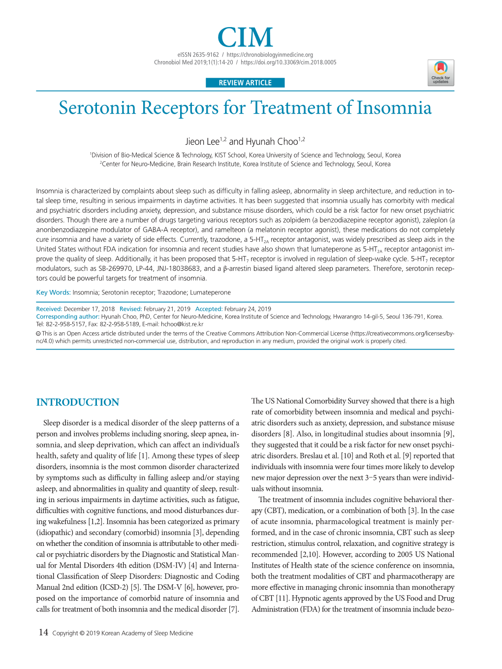 Serotonin Receptors for Treatment of Insomnia