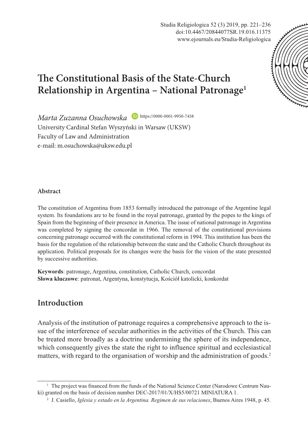 The Constitutional Basis of the State-Church Relationship in Argentina – National Patronage1
