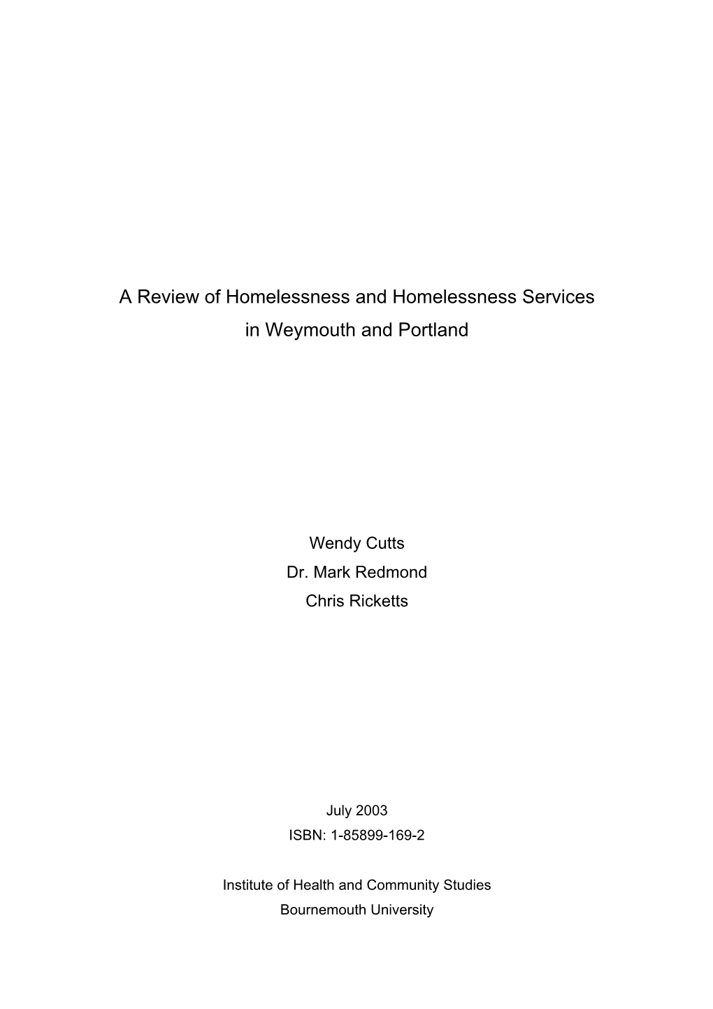 A Review of Homelessness and Homelessness Services in Weymouth and Portland