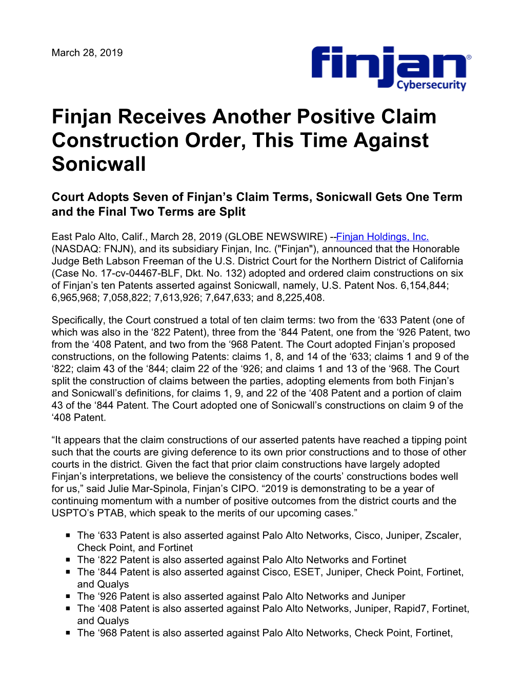 Finjan Receives Another Positive Claim Construction Order, This Time Against Sonicwall