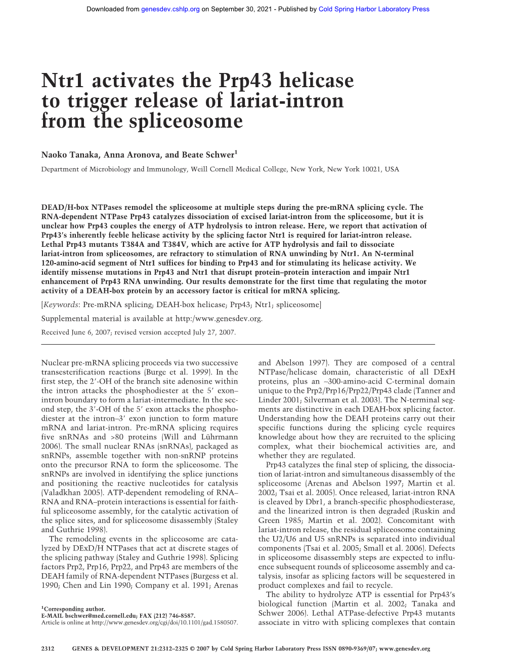 Ntr1 Activates the Prp43 Helicase to Trigger Release of Lariat-Intron from the Spliceosome