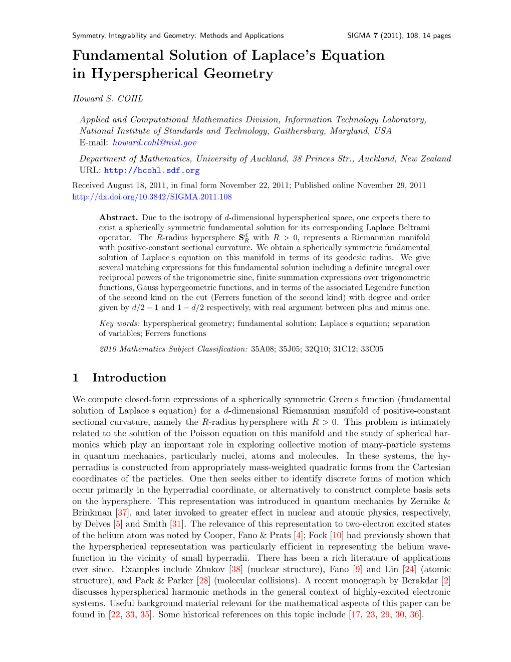 Fundamental Solution of Laplace's Equation in Hyperspherical Geometry